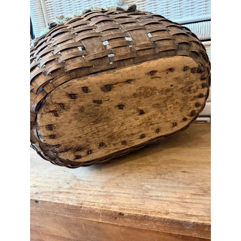 Antique Primitive Splint Gathering Basket Solid Carved Wood Bottom 19th C Patina
